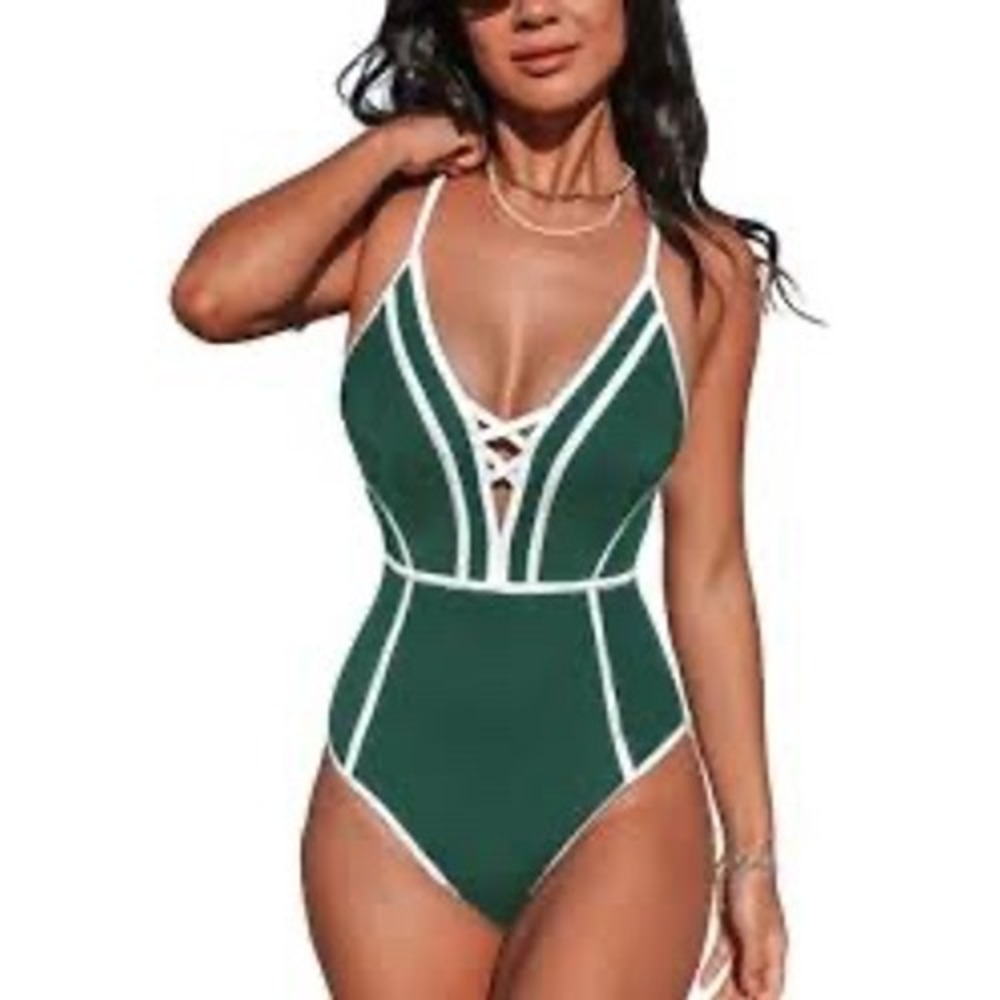 Cupshe Slim & Sculpt Forest Green Contrast One-Piece Swimsuit L